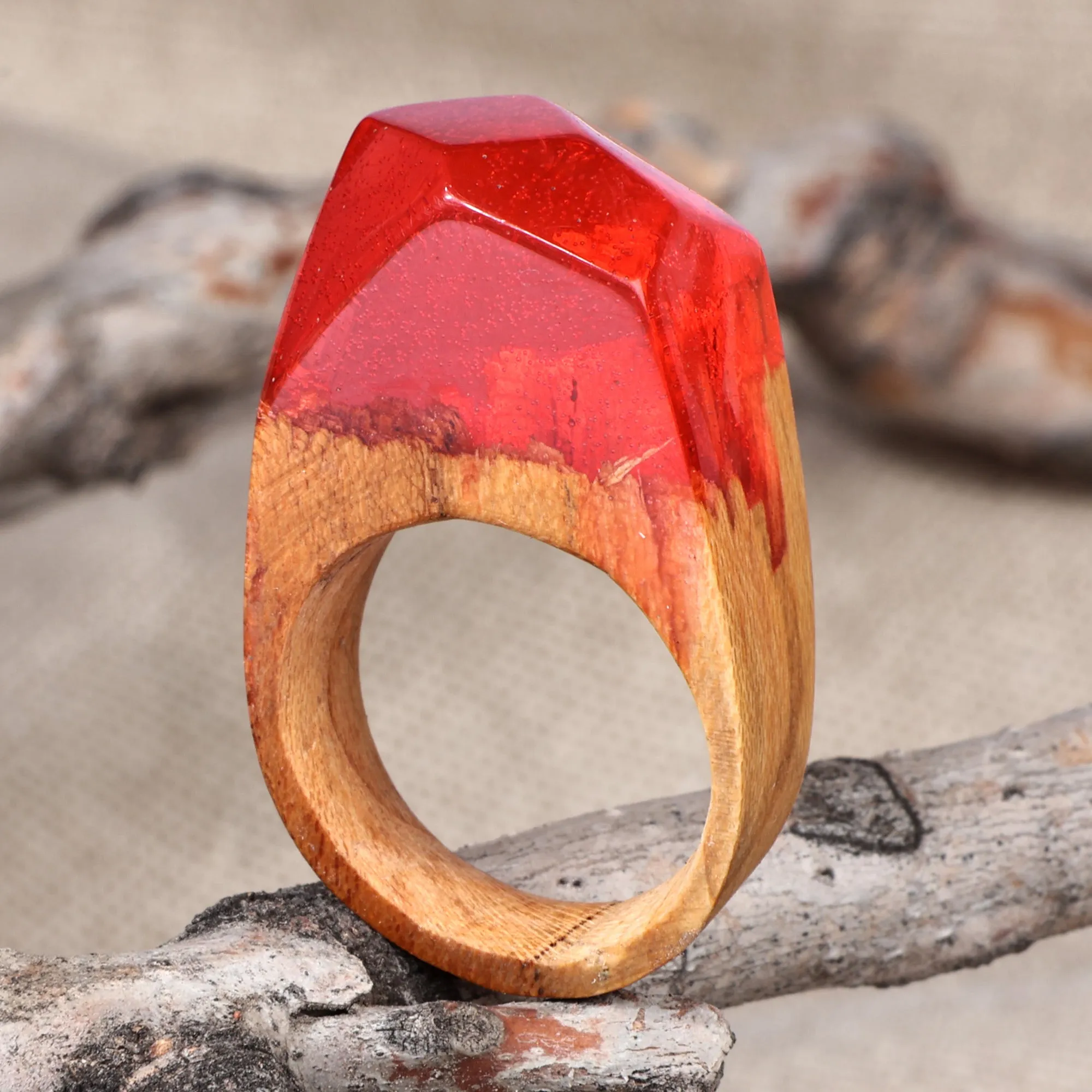 Vibrant Red Resin Apricot Wood Cocktail Ring from Armenia - Lava Diving | NOVICA