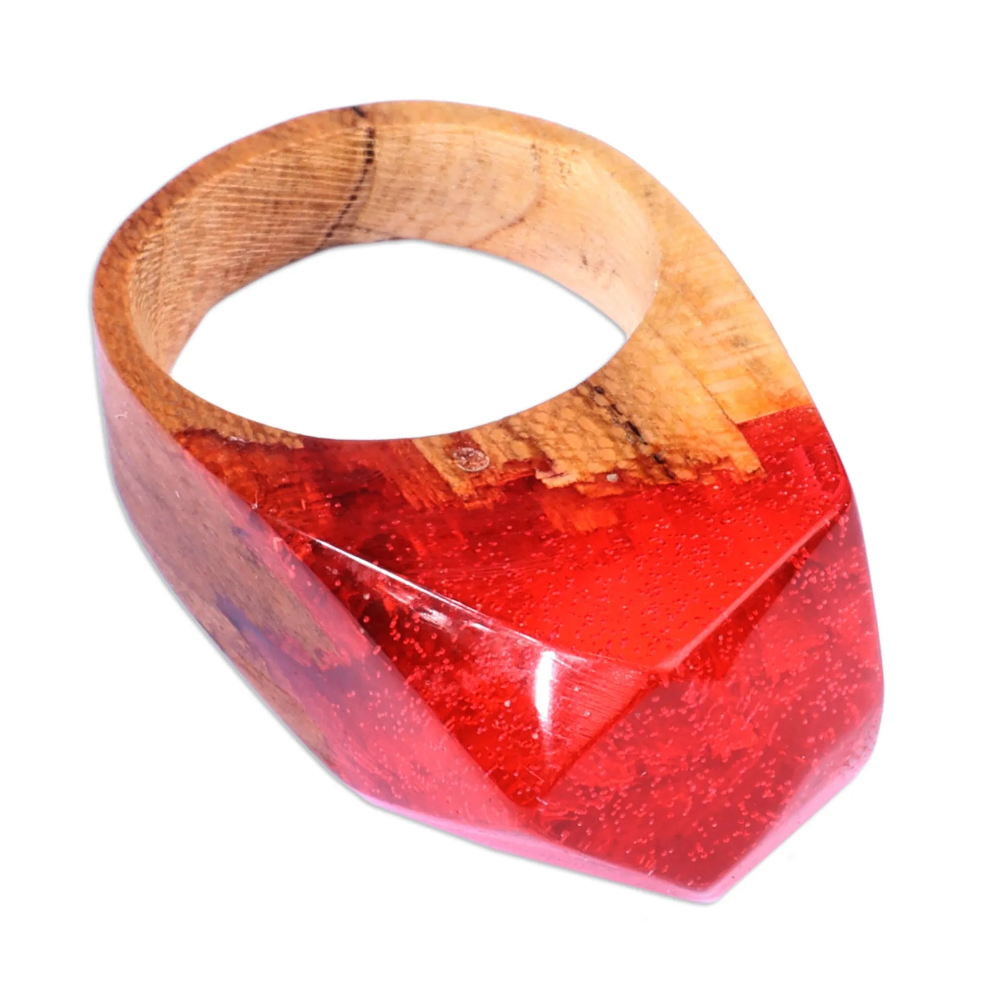 Vibrant Red Resin Apricot Wood Cocktail Ring from Armenia - Lava Diving | NOVICA