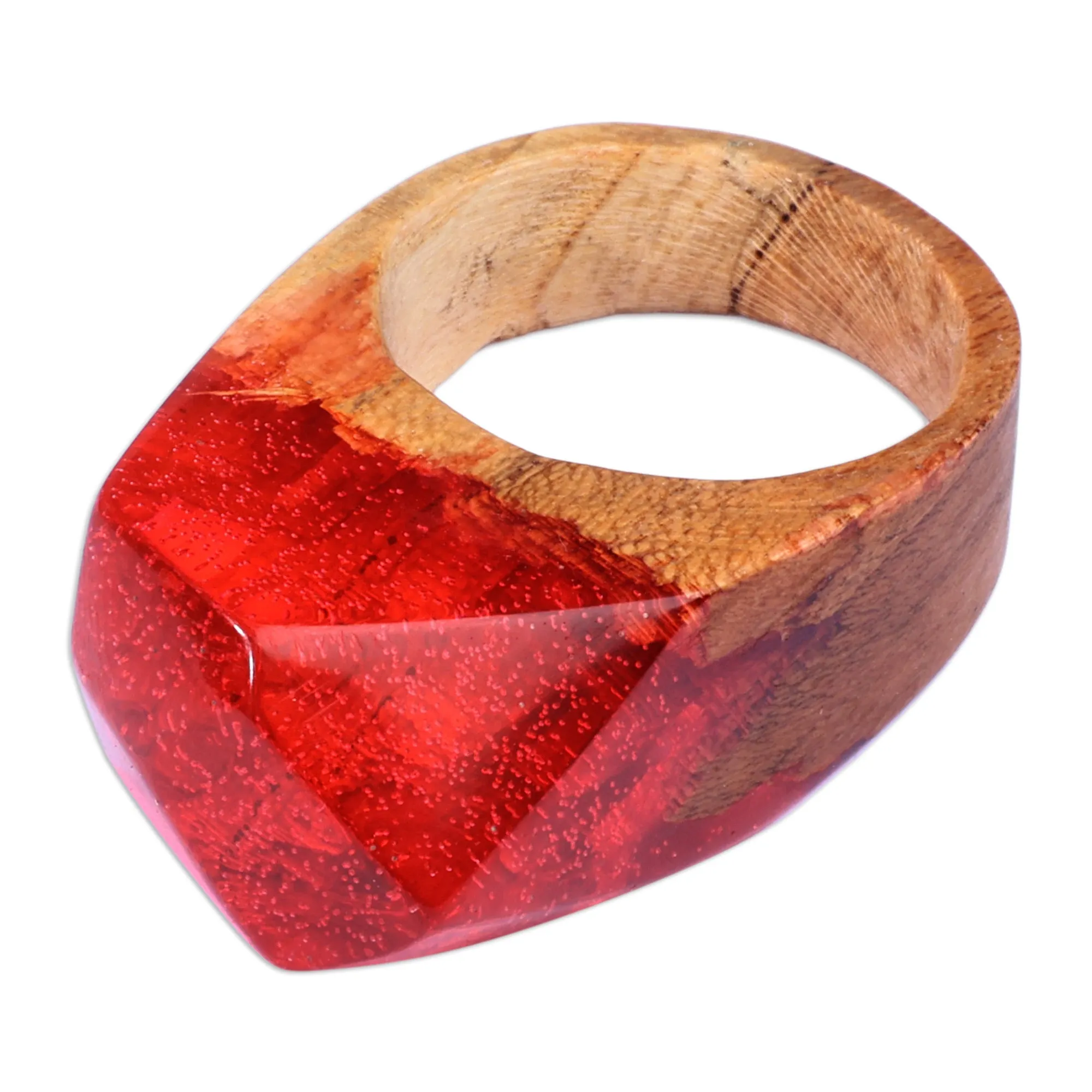 Vibrant Red Resin Apricot Wood Cocktail Ring from Armenia - Lava Diving | NOVICA