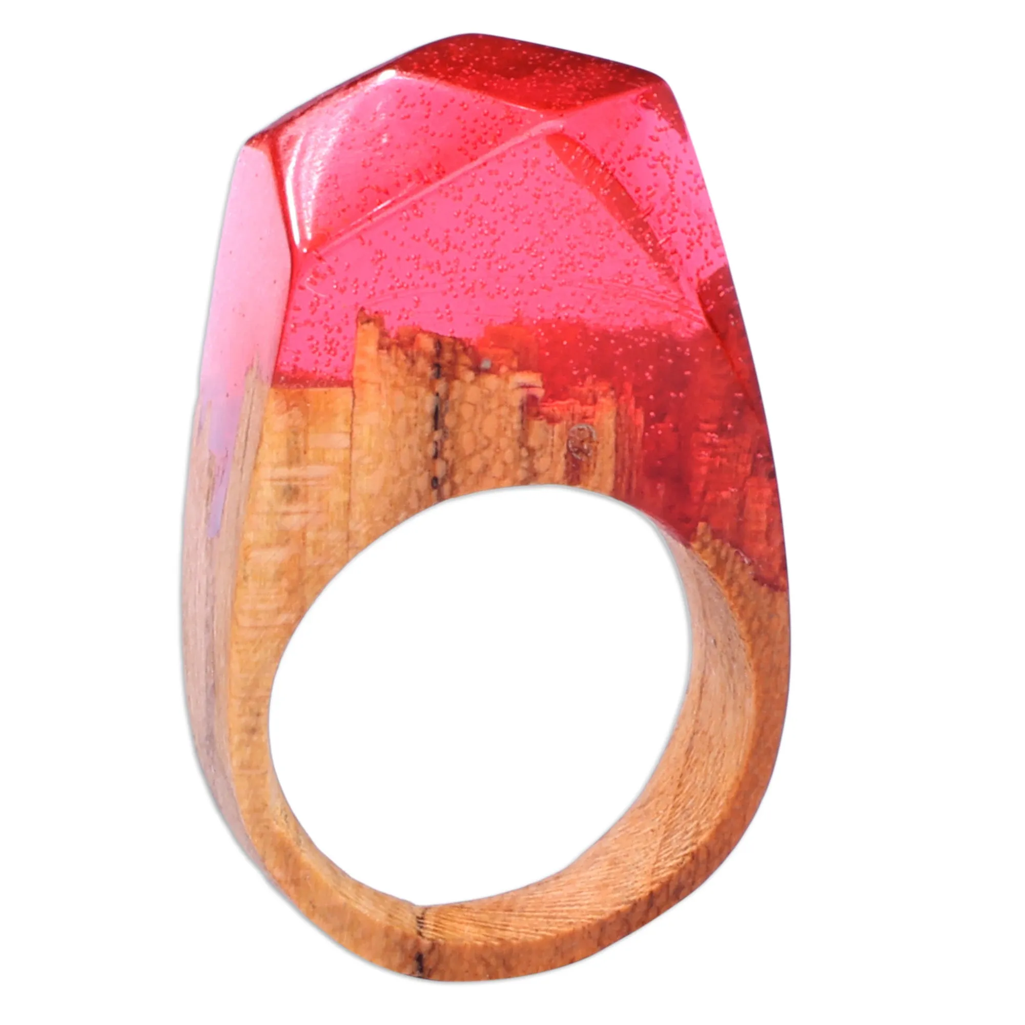 Vibrant Red Resin Apricot Wood Cocktail Ring from Armenia - Lava Diving | NOVICA