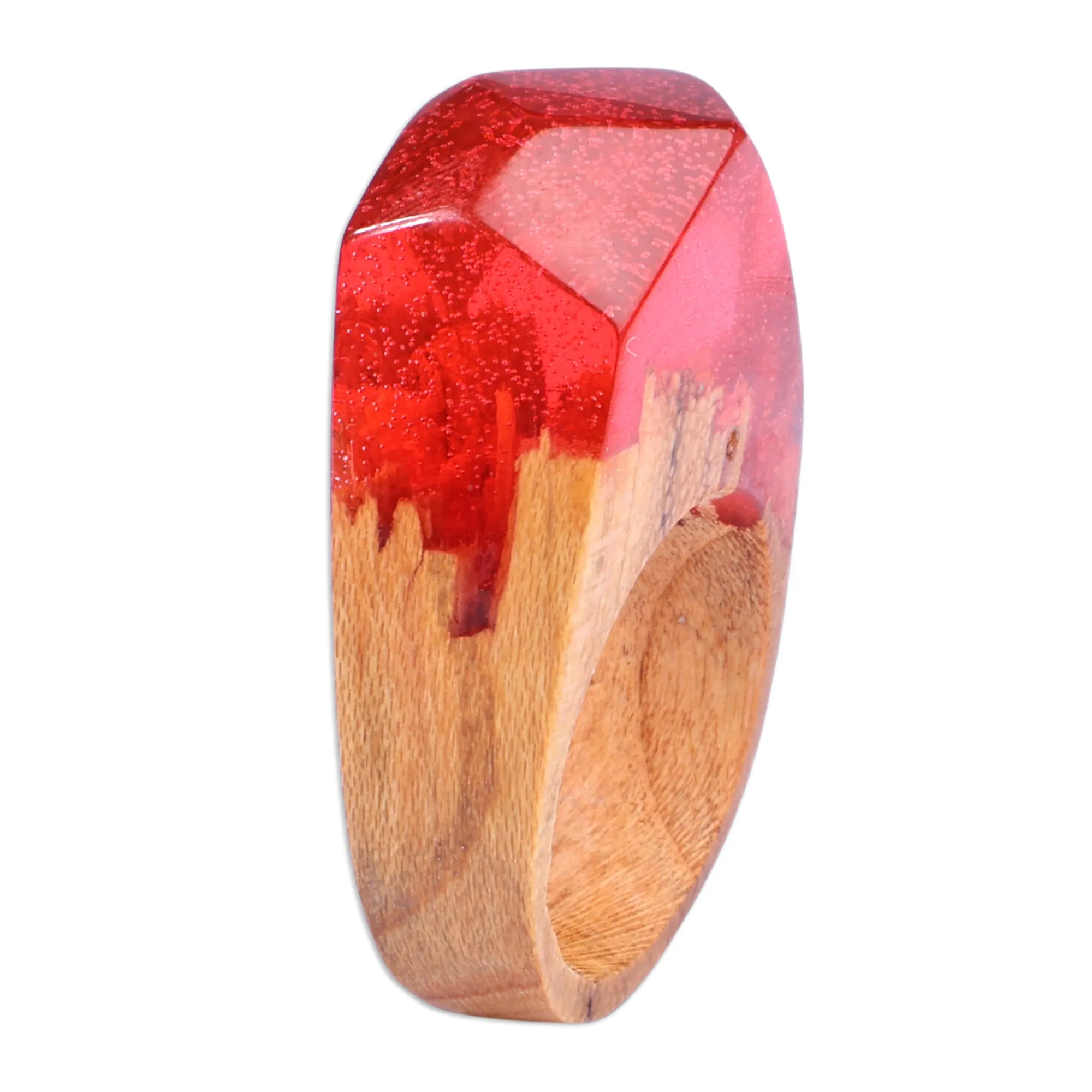 Vibrant Red Resin Apricot Wood Cocktail Ring from Armenia - Lava Diving | NOVICA