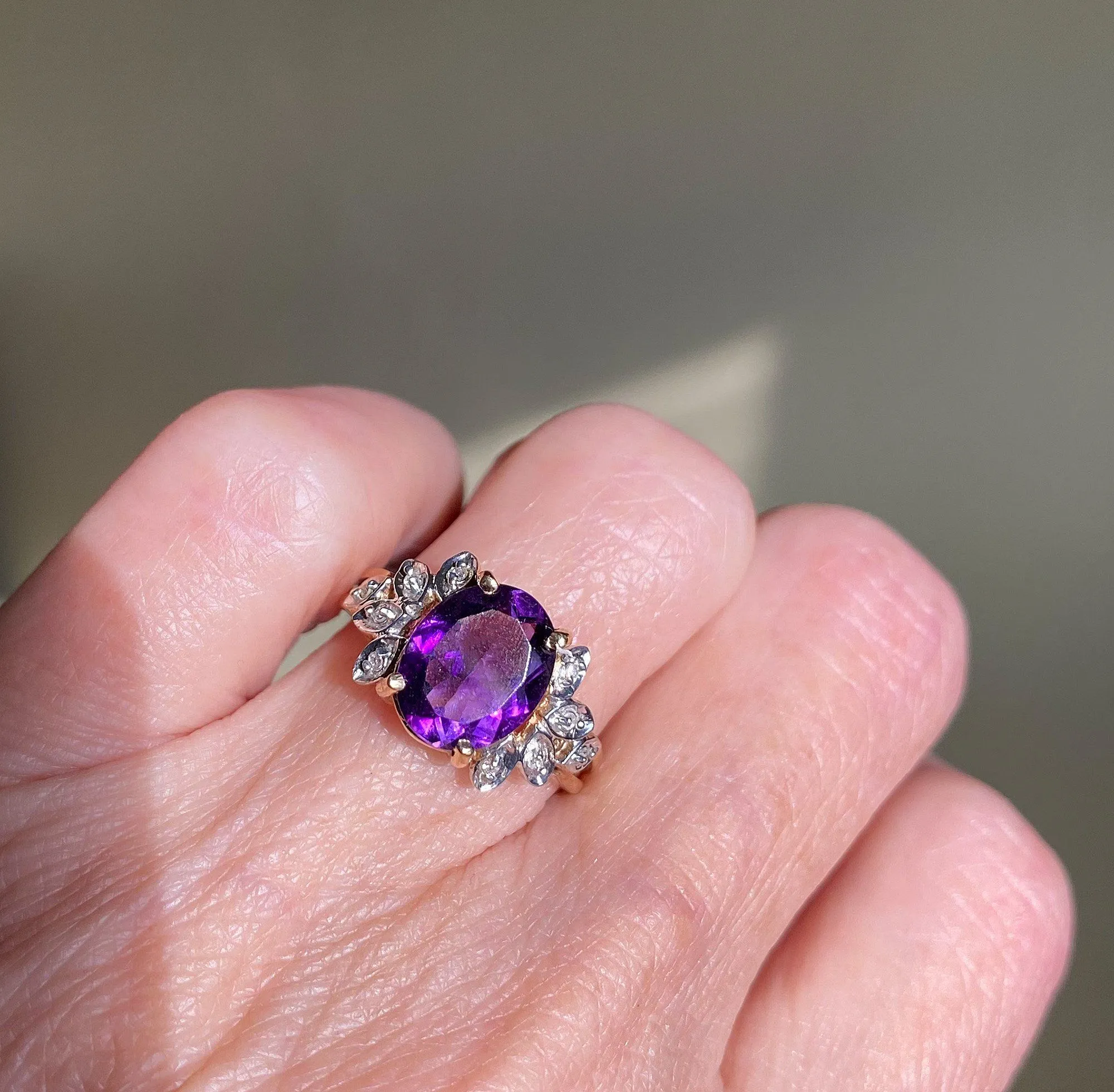 Vintage Amethyst Diamond Cocktail Ring, Sz 6.75