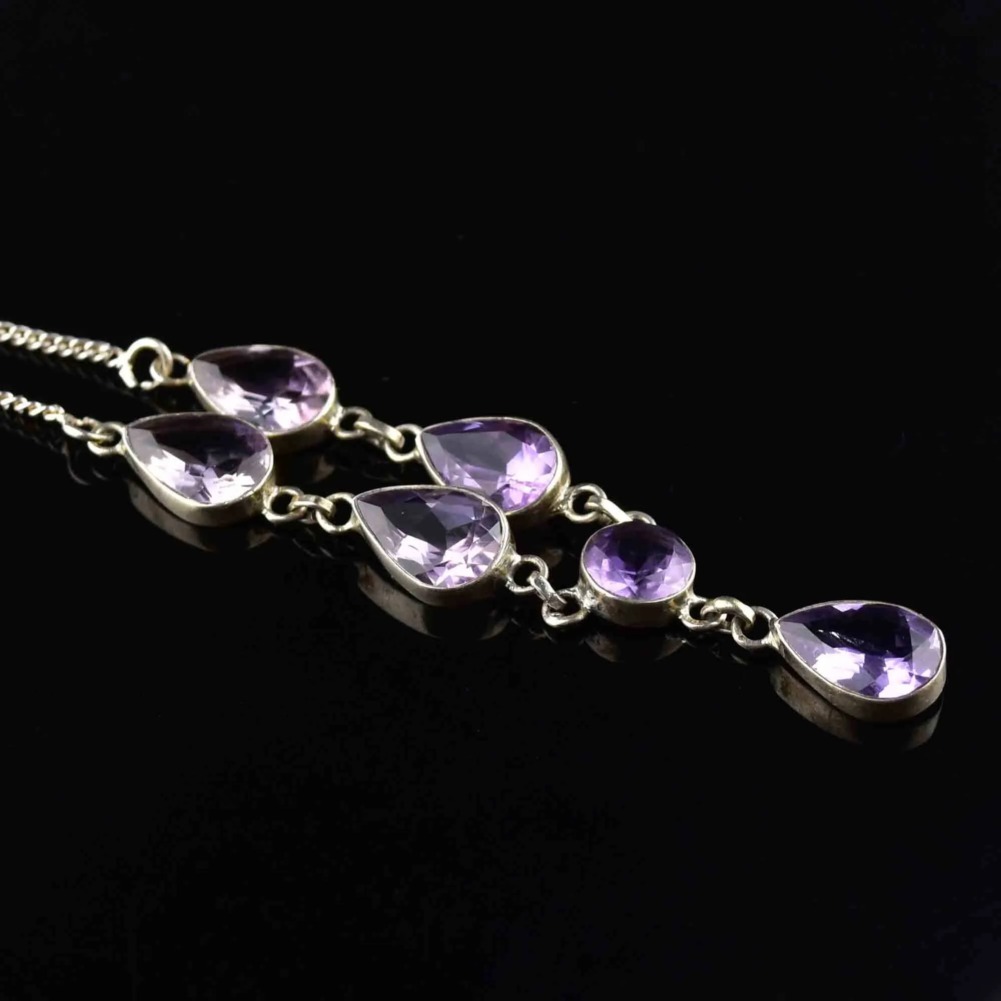 Vintage Art Deco Style Silver Amethyst Drop Necklace