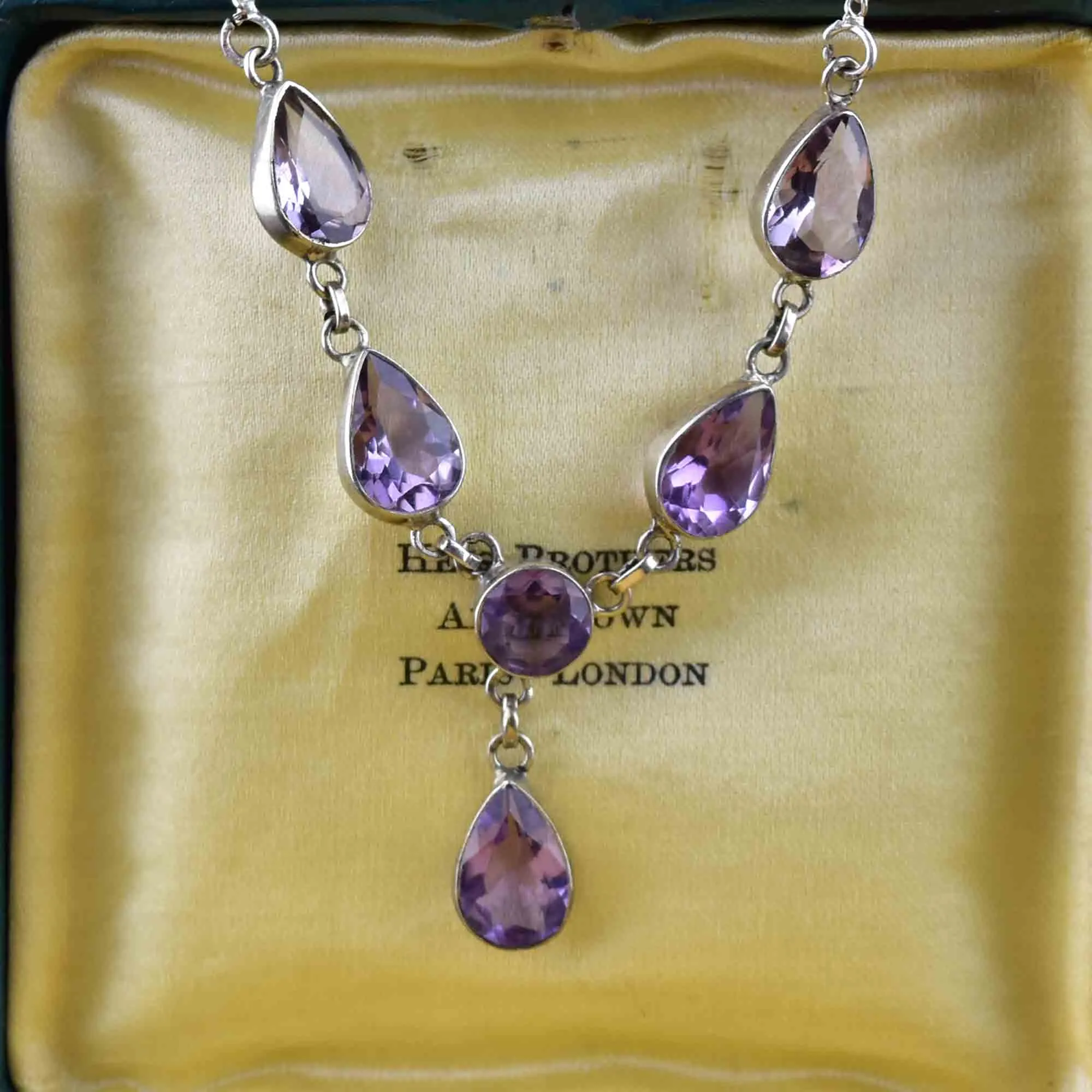 Vintage Art Deco Style Silver Amethyst Drop Necklace