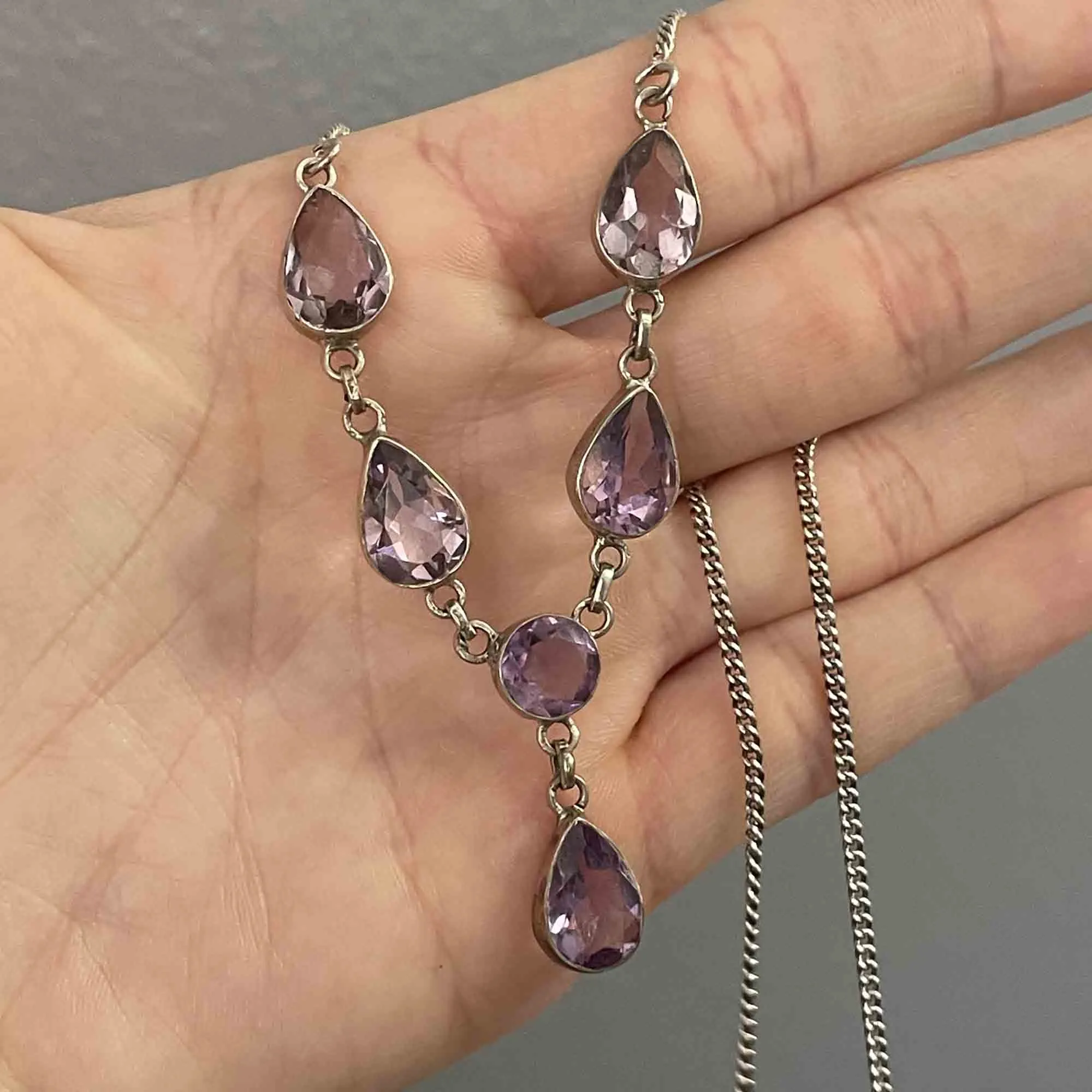 Vintage Art Deco Style Silver Amethyst Drop Necklace