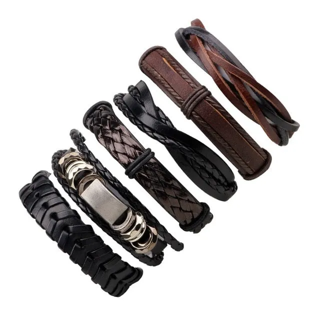 Vintage Black Leather Multilayered Braid Bracelet Set