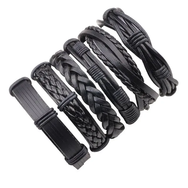 Vintage Black Leather Multilayered Braid Bracelet Set