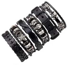 Vintage Black Leather Multilayered Braid Bracelet Set