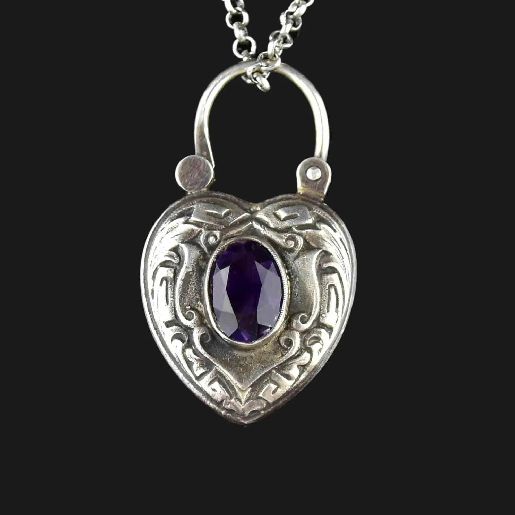 Vintage Silver Amethyst Heart Padlock Pendant Necklace