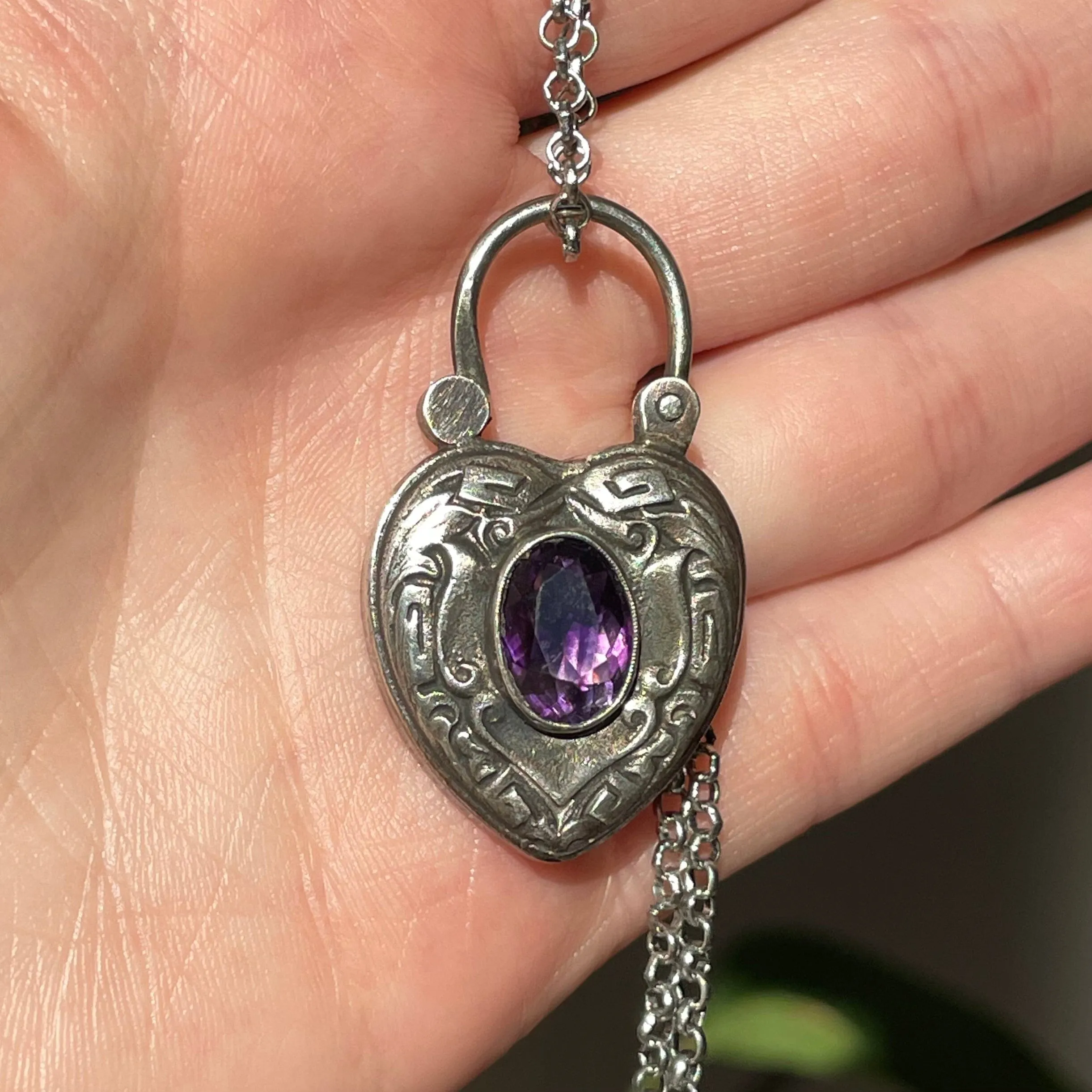 Vintage Silver Amethyst Heart Padlock Pendant Necklace