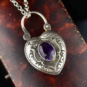 Vintage Silver Amethyst Heart Padlock Pendant Necklace