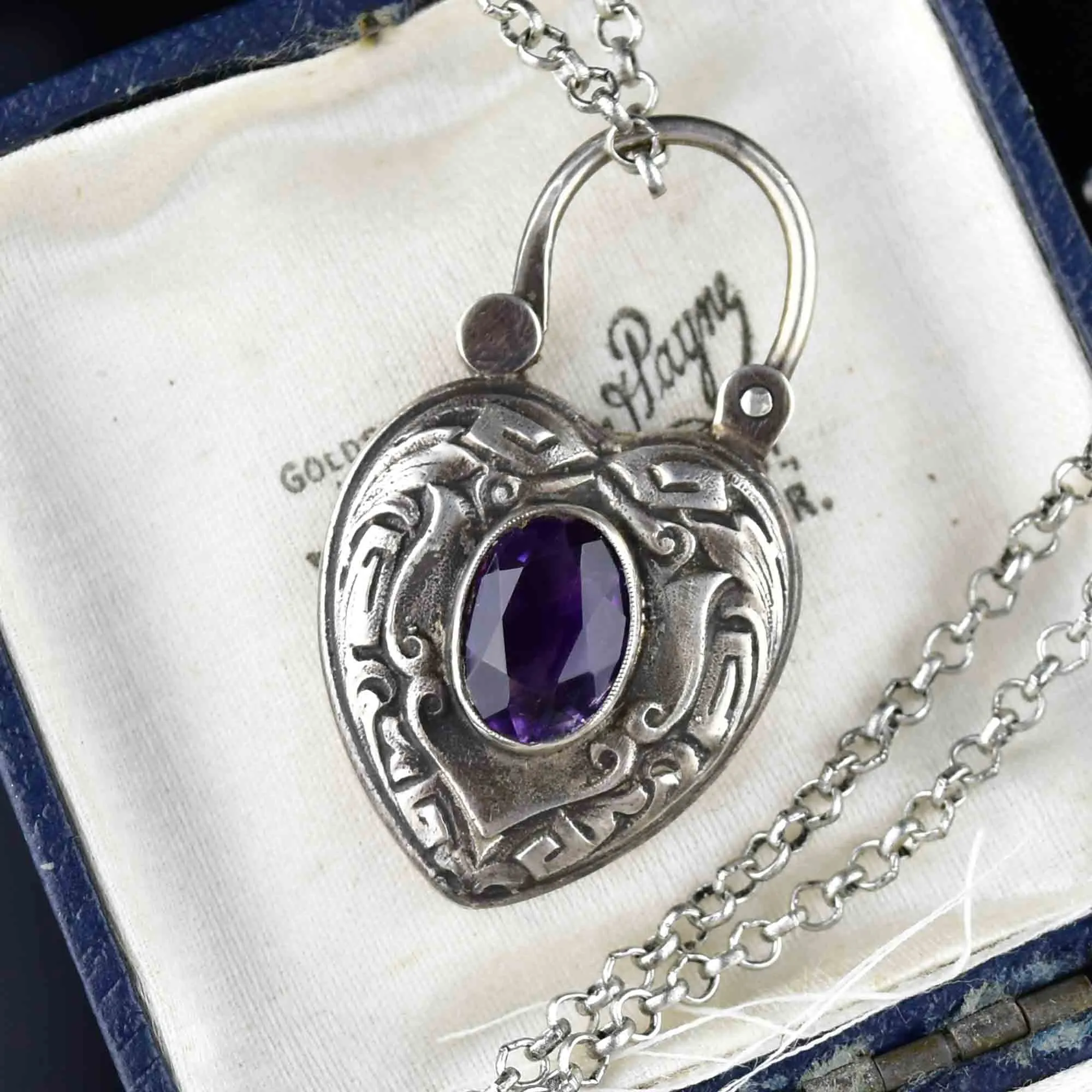 Vintage Silver Amethyst Heart Padlock Pendant Necklace