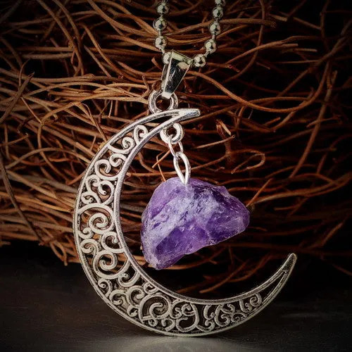 Vintage Silver Plated Crescent Raw Stone Amethyst Pendant Necklaces Women Natural Stone Clean Quartz Necklace Jewelry