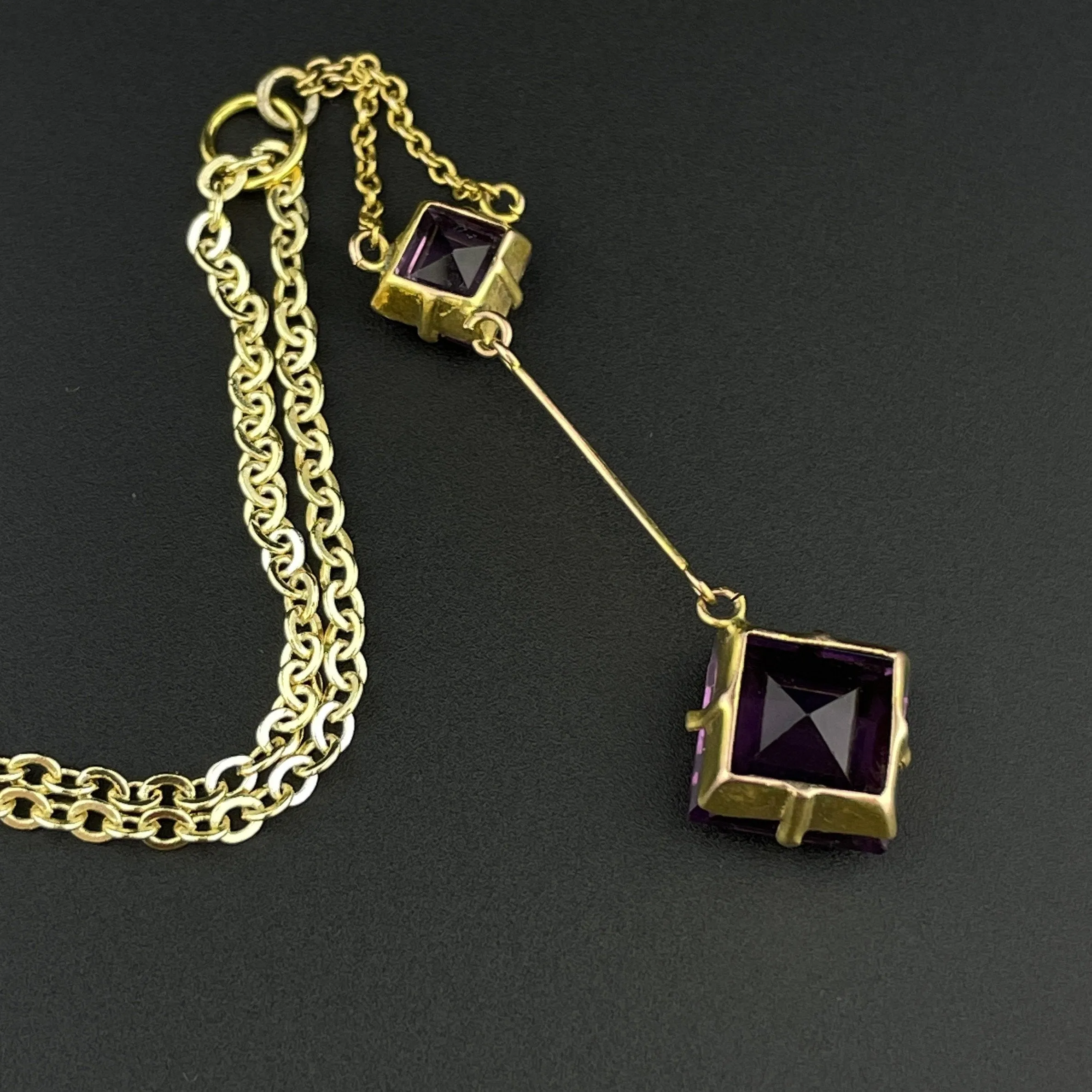 Vintage Victorian Gold Princess Cut Amethyst Pendant Necklace