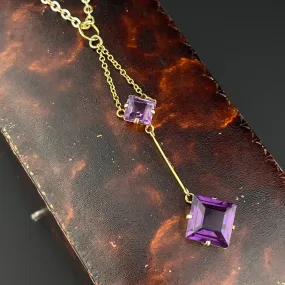 Vintage Victorian Gold Princess Cut Amethyst Pendant Necklace