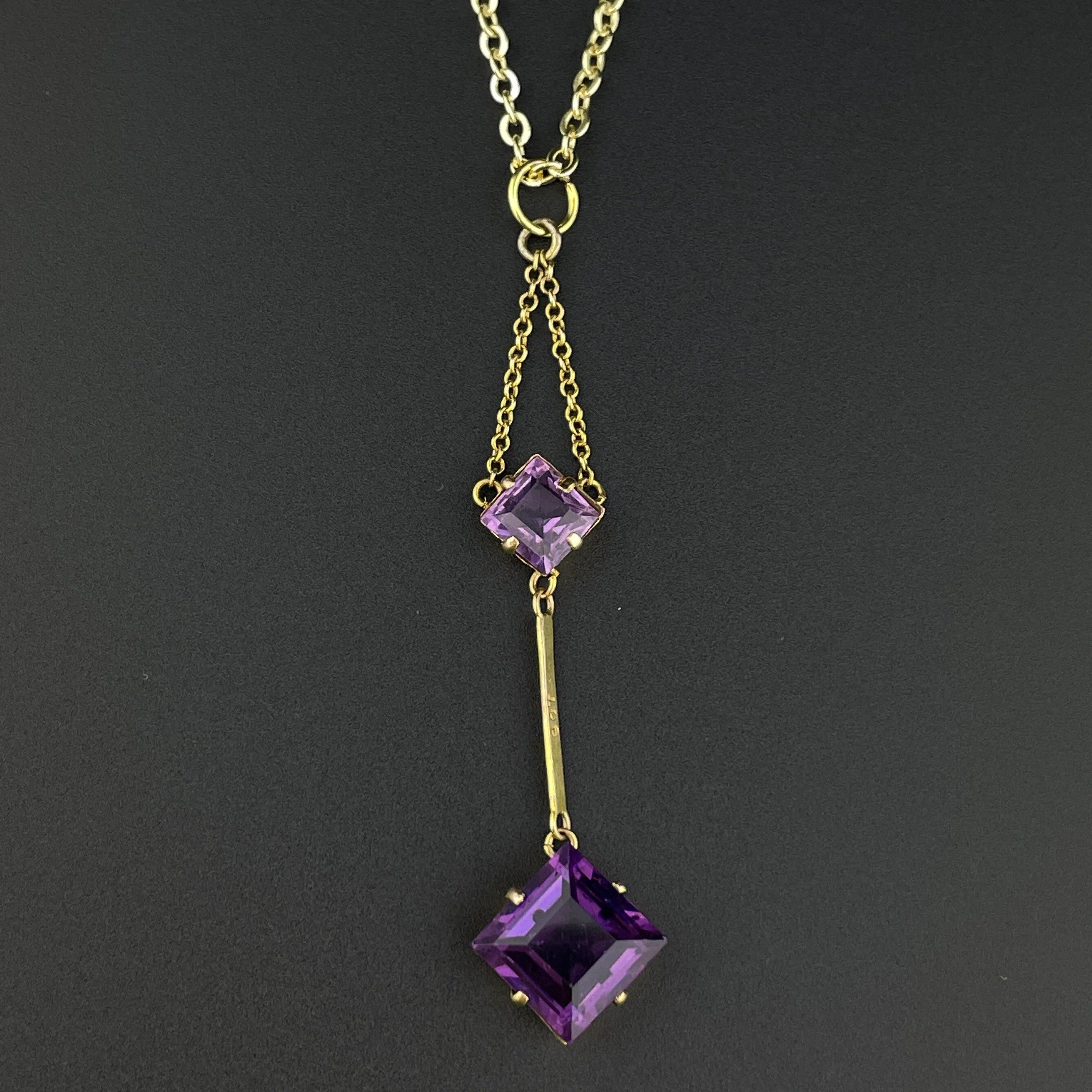 Vintage Victorian Gold Princess Cut Amethyst Pendant Necklace