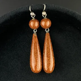 Vintage Victorian Style Silver Goldstone Teardrop Earrings