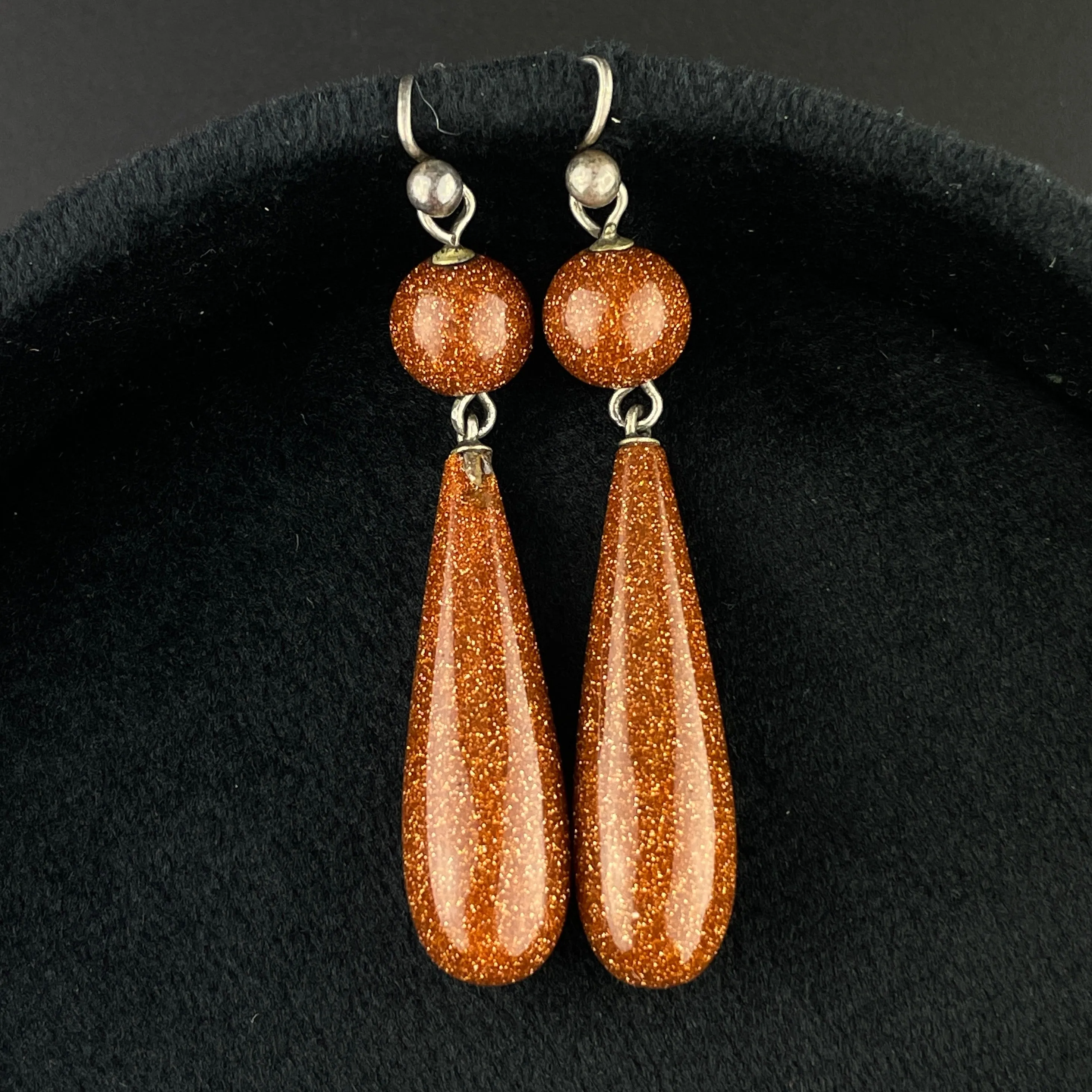 Vintage Victorian Style Silver Goldstone Teardrop Earrings