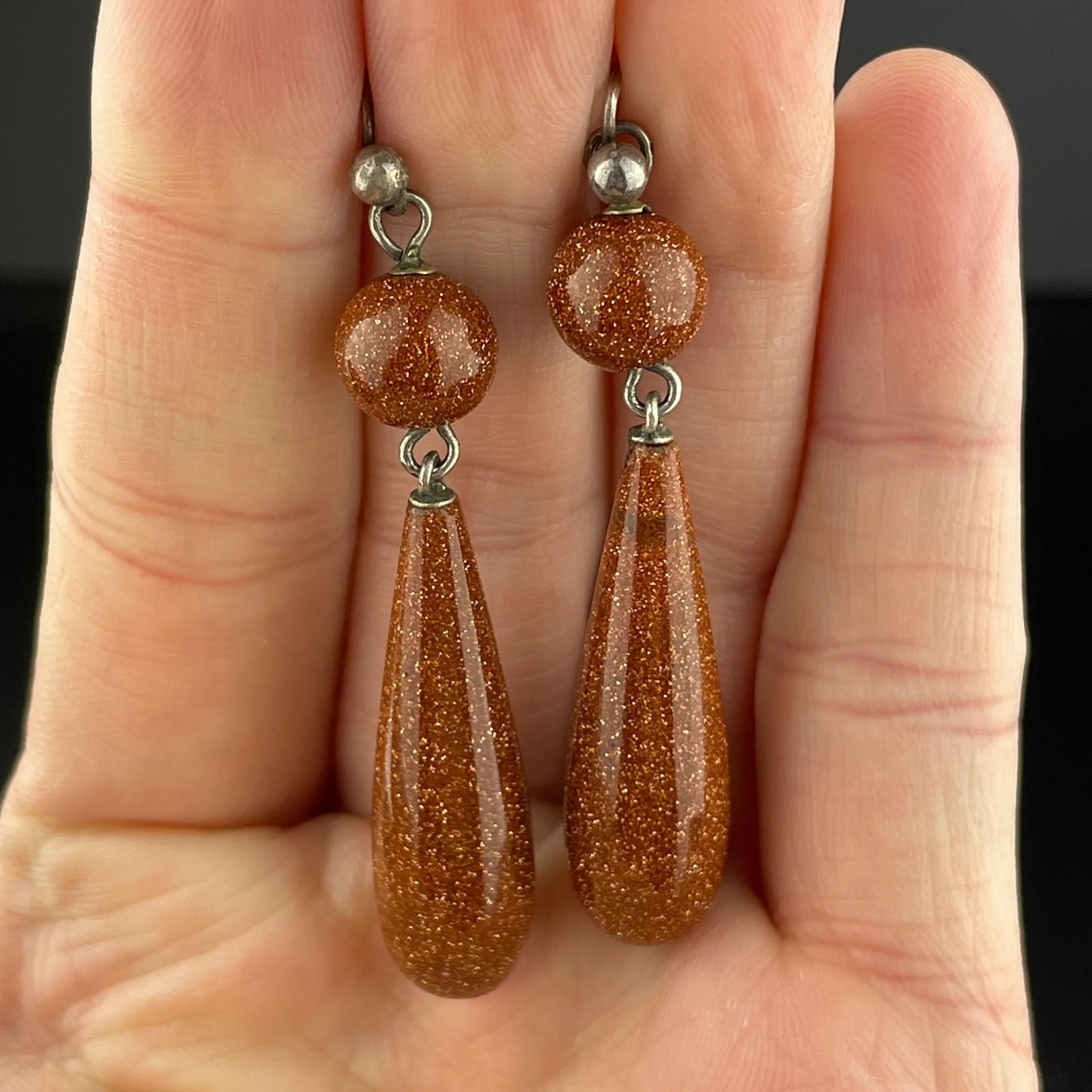 Vintage Victorian Style Silver Goldstone Teardrop Earrings