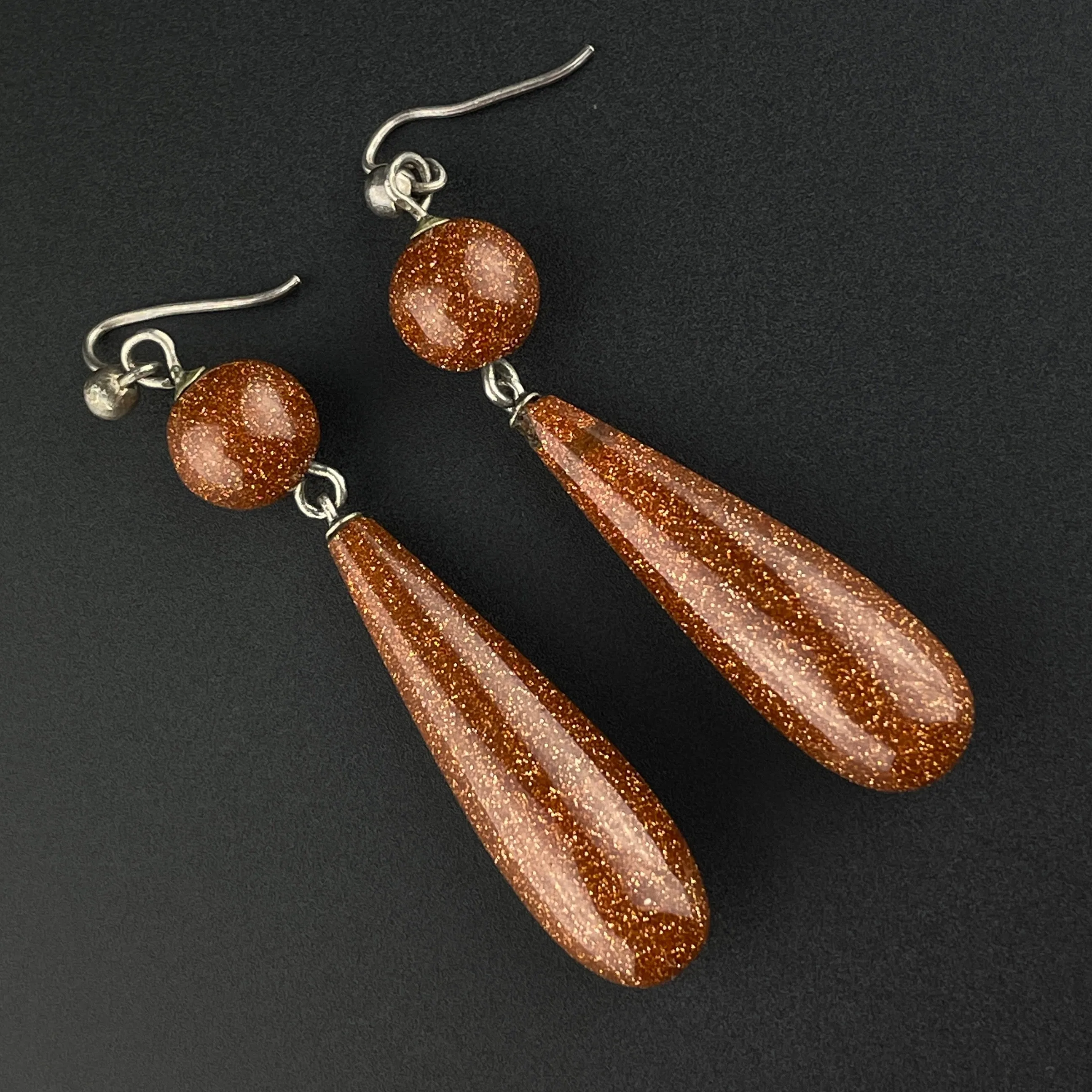 Vintage Victorian Style Silver Goldstone Teardrop Earrings