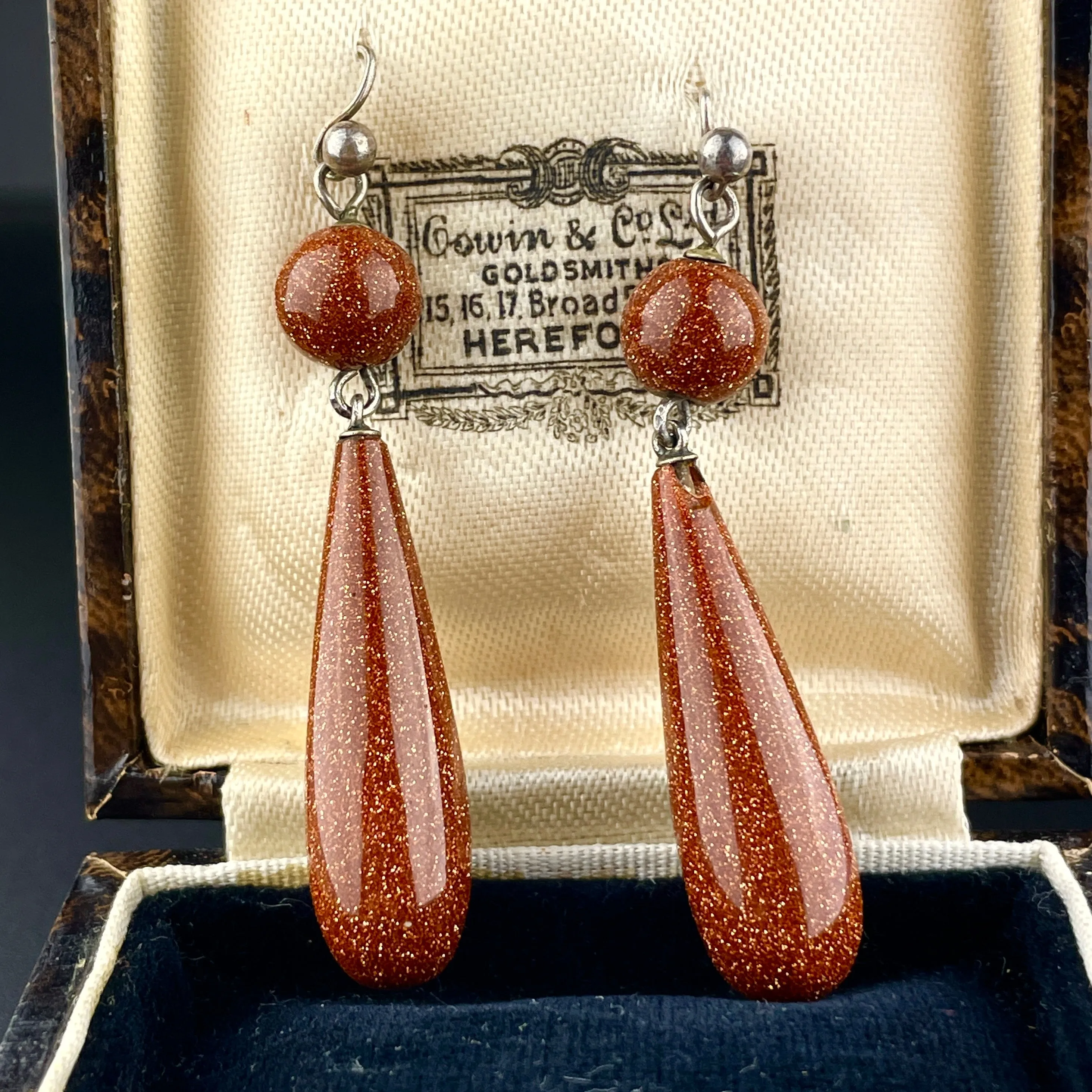 Vintage Victorian Style Silver Goldstone Teardrop Earrings