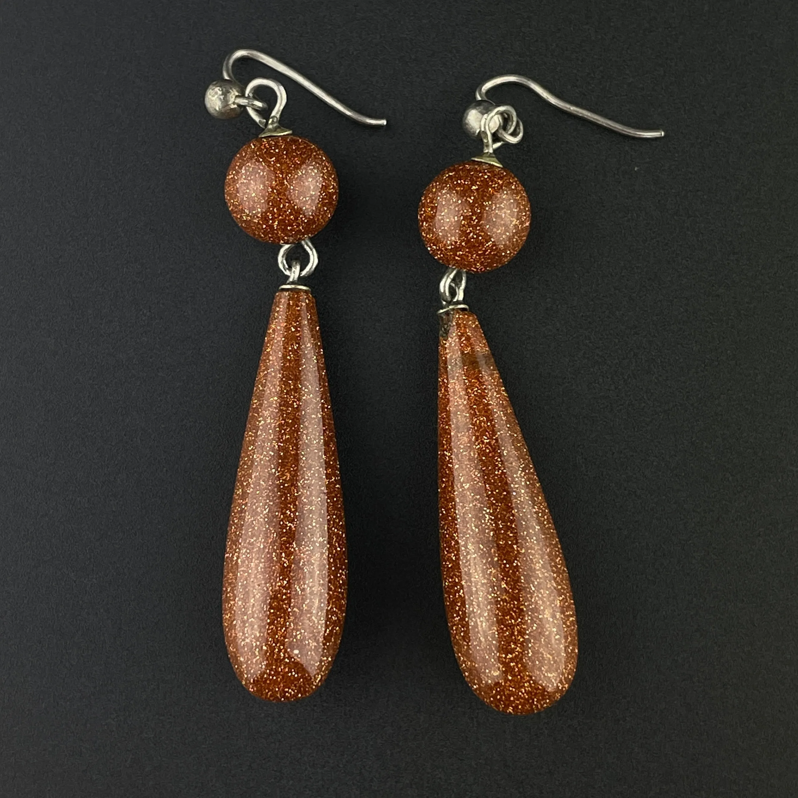 Vintage Victorian Style Silver Goldstone Teardrop Earrings