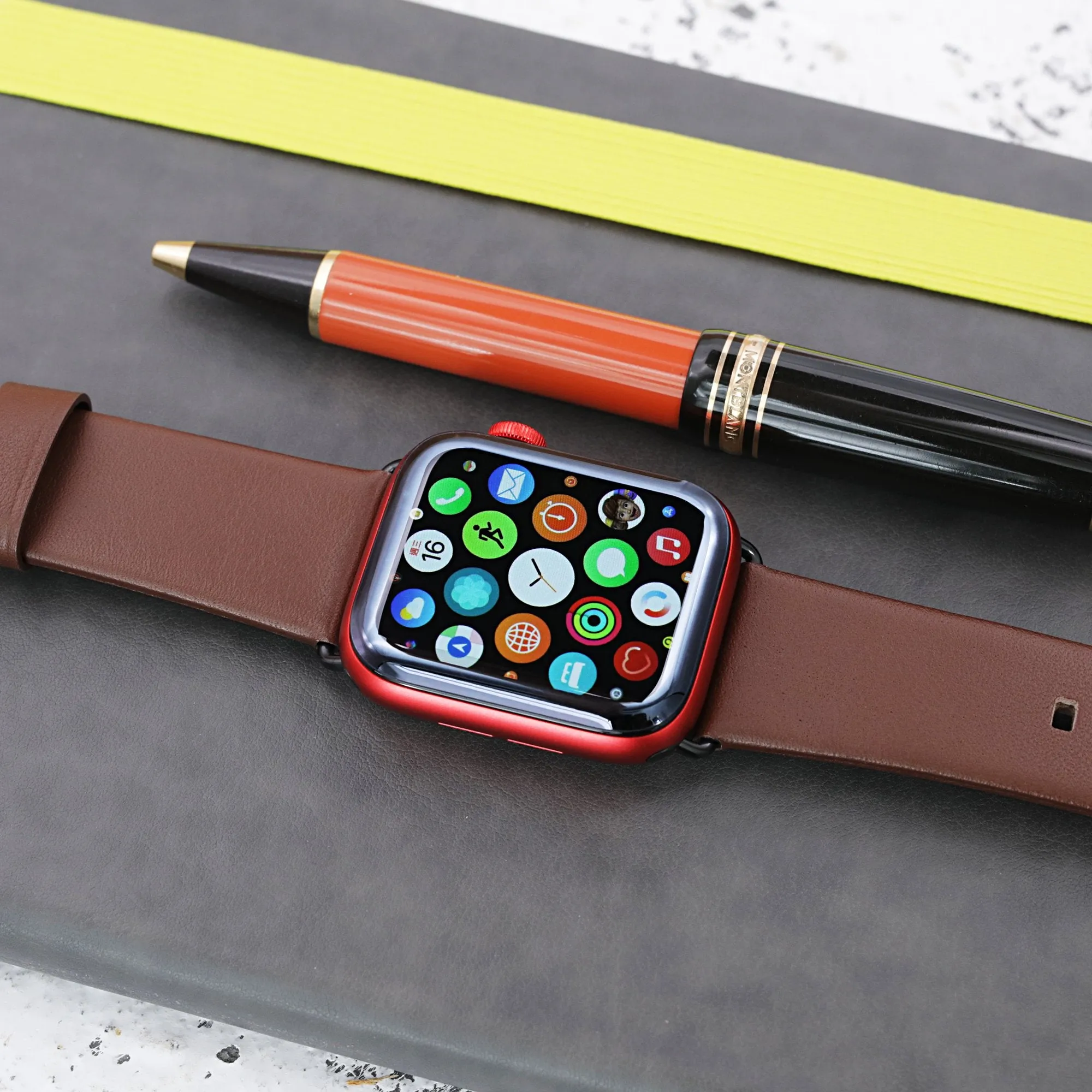 Water Repellent Brown Leather Watch Band compatible with Apple Watch 44mm / 42mm models