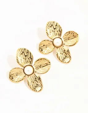 Waterproof Gold Plated Stainless Steel Flower Pearl Stud Earrings