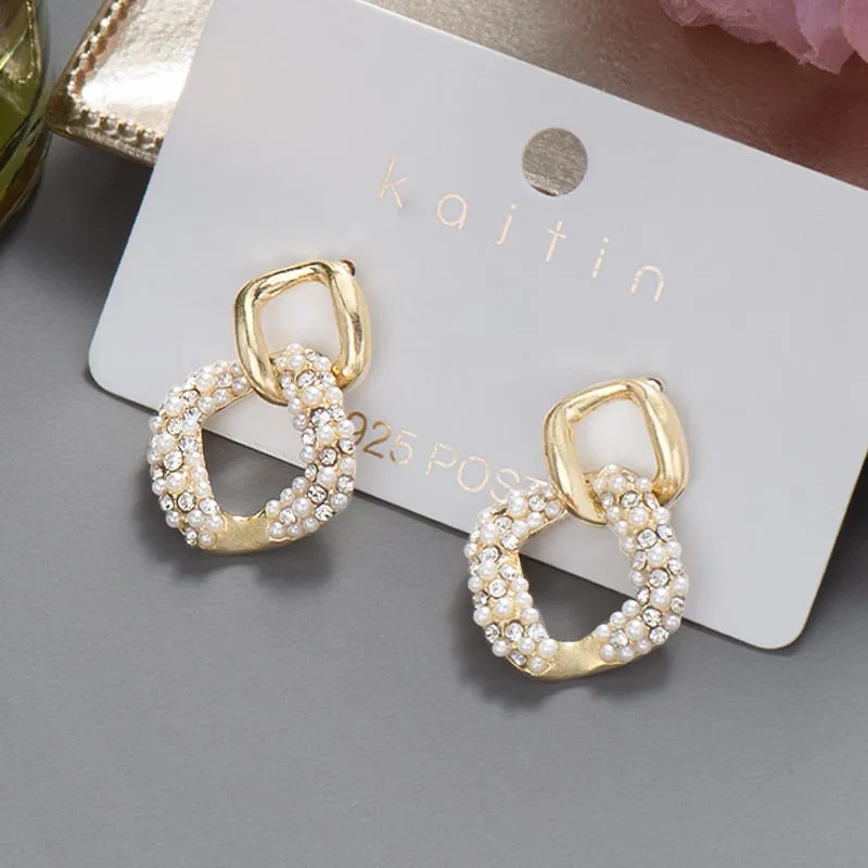 Wenkouban New 2022 Trend Big Pearls Women's Earrings Geometry Crystal Gold Color Dangle Drop Earing for Woman Korean Style Fashion Jewelry