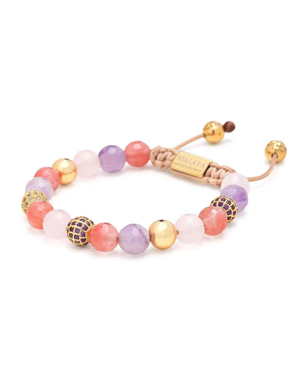 Women's Beaded Bracelet with Rose Quartz, Amethyst, Cherry Quartz and Gold