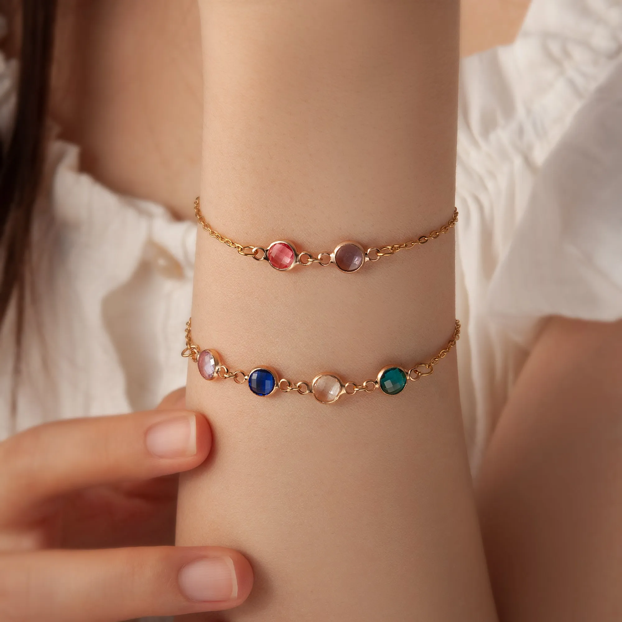 Women's Stainless Steel Connecter Birthstone Charm Bracelet