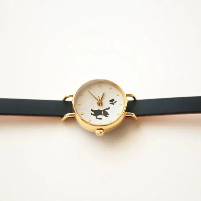 Women's Wristwatch - Cat and Butterfly, Japanese handmade wrist watch