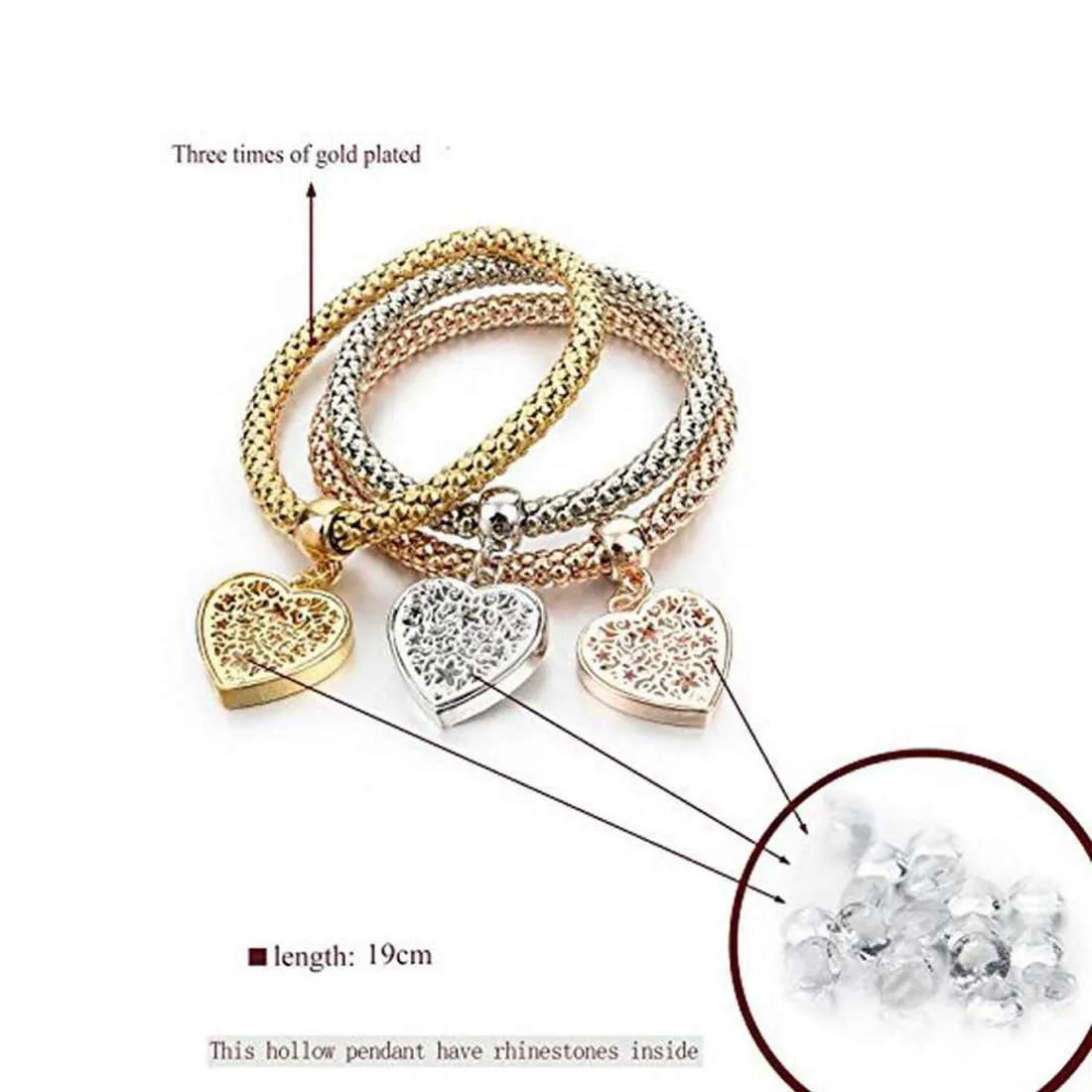 Yellow Chimes Combo of 3 Pcs Stylish Exclusive Heart Shape Rodium Platinum Plated Stretchable Charm Bracelet for Women