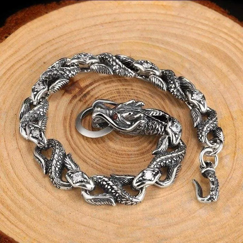 ZABRA Mens Silver Dragon Bracelet For Man Stones Zircon White Red 100% 925 Sterling Silver Vintage Biker Bracelets Men Jewelry