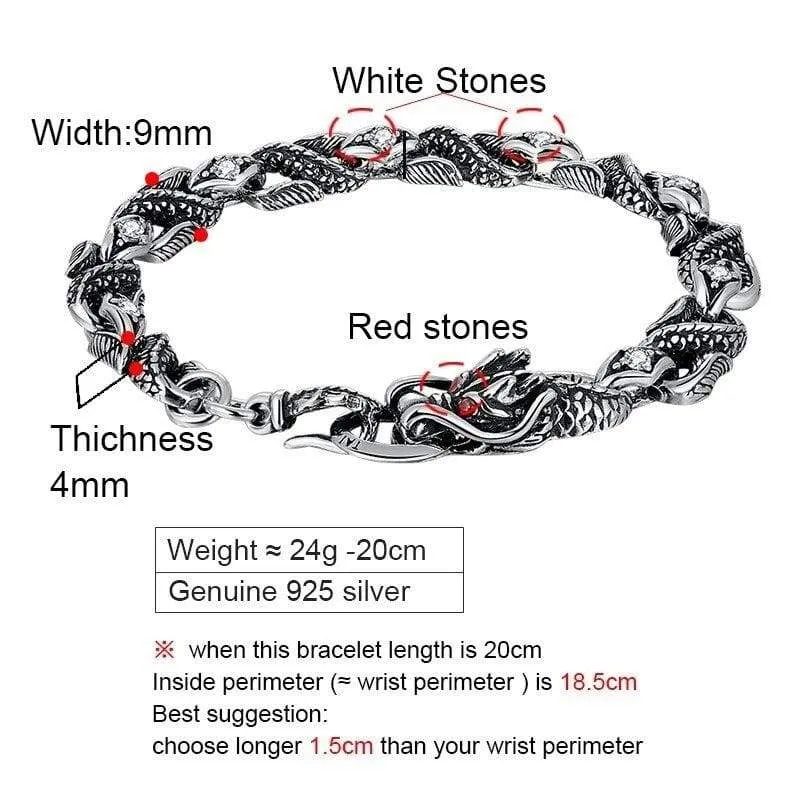 ZABRA Mens Silver Dragon Bracelet For Man Stones Zircon White Red 100% 925 Sterling Silver Vintage Biker Bracelets Men Jewelry