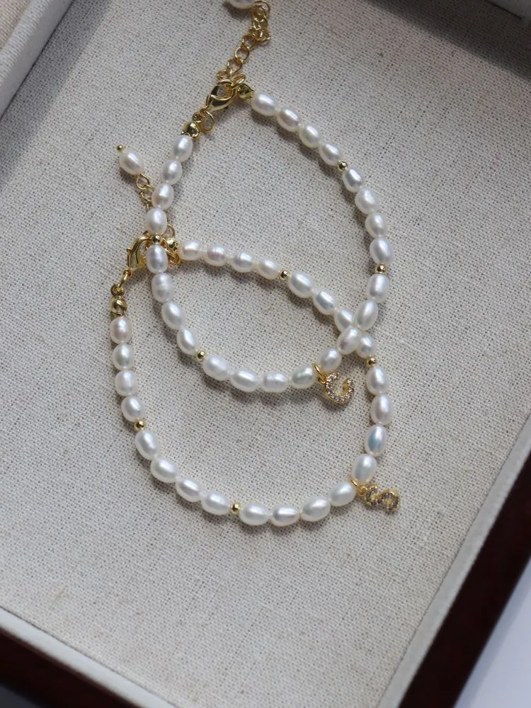 Zircon Letter Pendant Pearl Bracelet